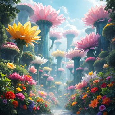 The primary subject of the image is a beautiful garden filled with a variety of flowers. The garden is set in a lush, green environment, and the flowers are arranged in a visually appealing manner. The visual style of the image is a combination of photo and digital art, creating a vibrant and colorful scene. The dominant colors in the garden are pink, yellow, and white, giving the overall atmosphere a cheerful and uplifting mood.